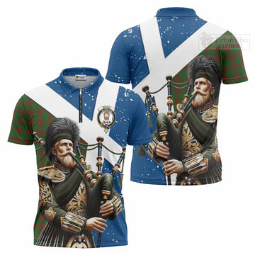 Menzies Tartan Zipper Polo Shirt with Family Crest Scottish Bagpiper Vibes