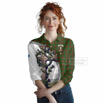 Menzies Tartan Women's Casual Shirt with Family Crest and St. Andrew's Cross Accented by Thistle Vines