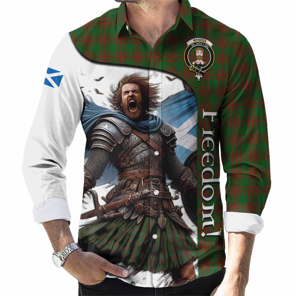 Tartan Vibes Clothing Menzies Crest Tartan Long Sleeve Button Shirt Inspired by the Freedom of Scottish Warrior