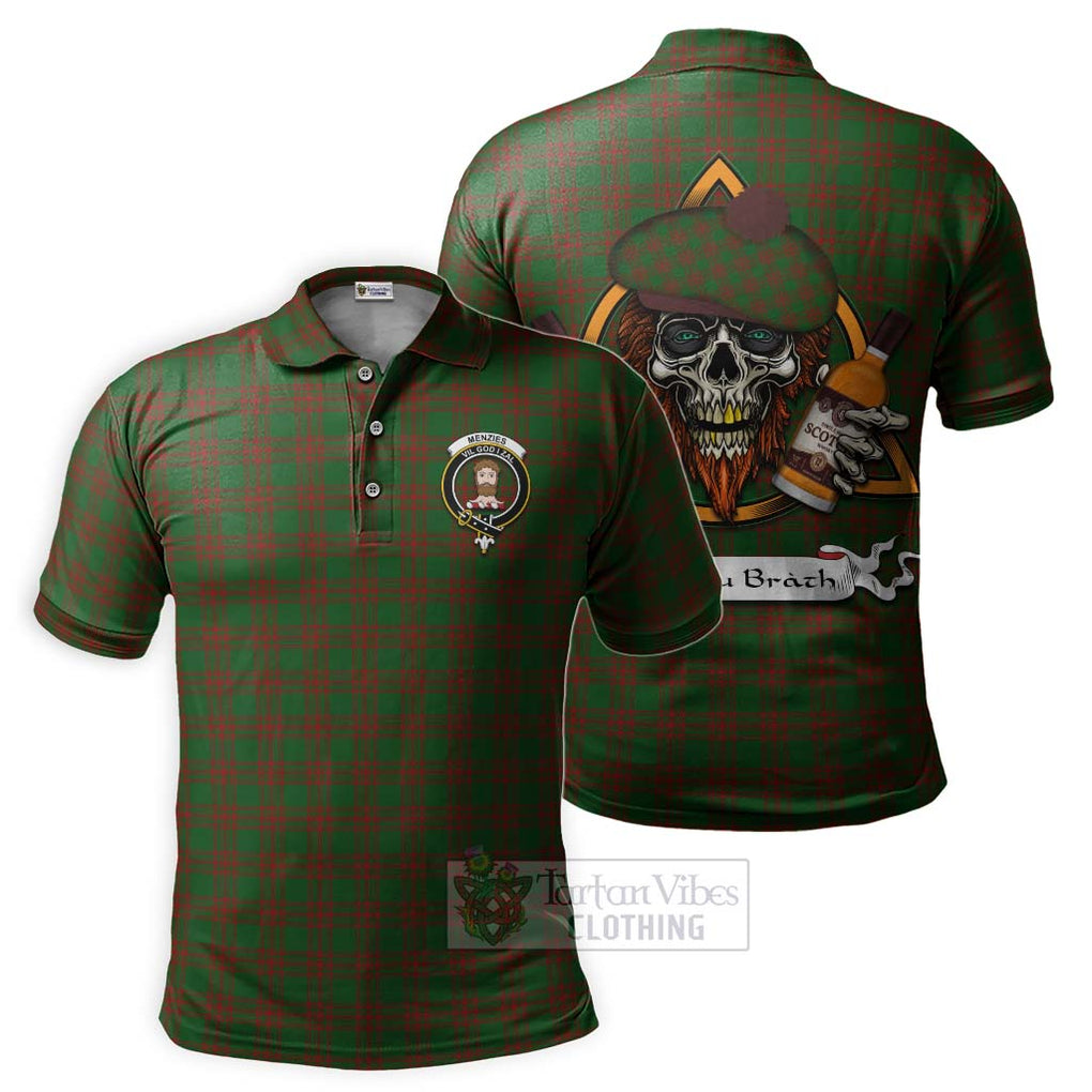 Tartan Vibes Clothing Menzies Tartan Polo Shirt with Family Crest and Bearded Skull Holding Bottles of Whiskey