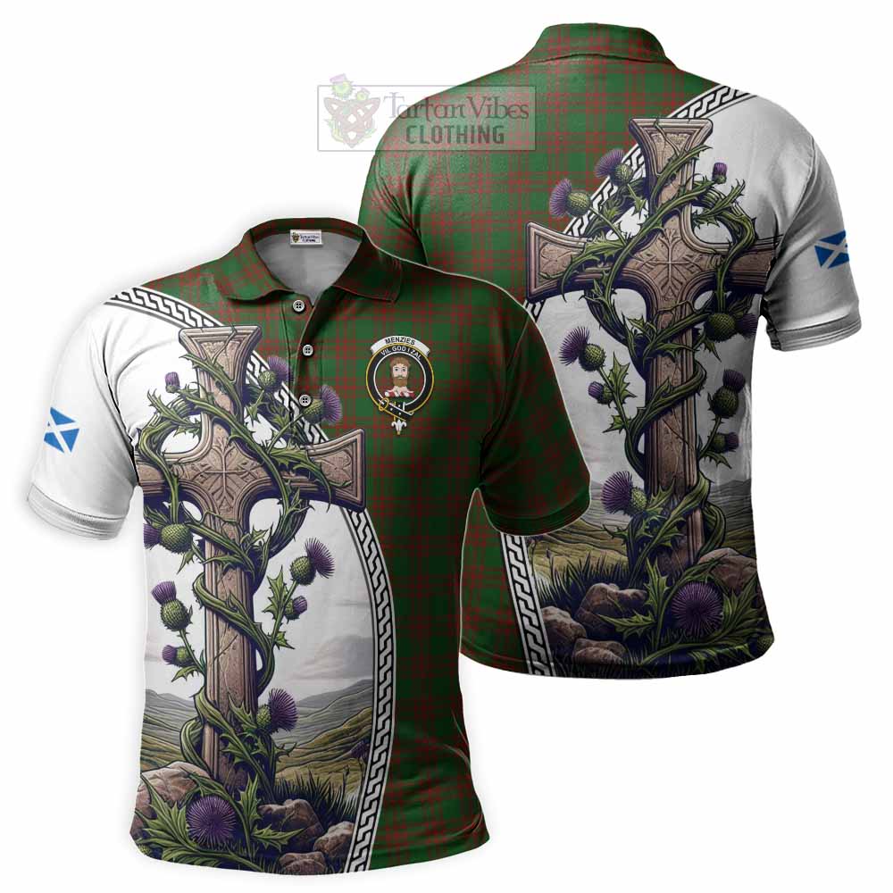 Tartan Vibes Clothing Menzies Tartan Polo Shirt with Family Crest and St. Andrew's Cross Accented by Thistle Vines