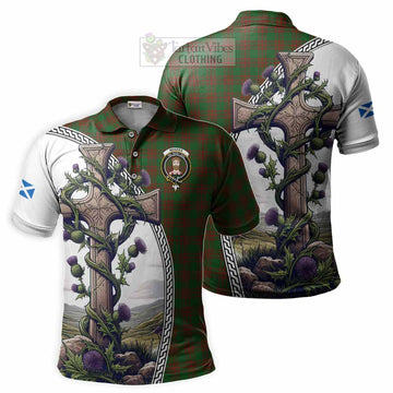 Menzies Tartan Polo Shirt with Family Crest and St. Andrew's Cross Accented by Thistle Vines