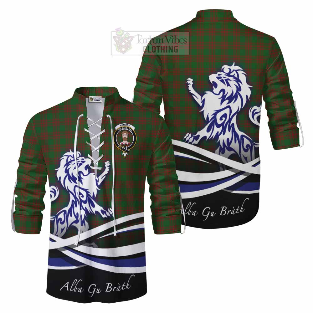 Tartan Vibes Clothing Menzies Tartan Ghillie Kilt Shirt with Alba Gu Brath Regal Lion Emblem