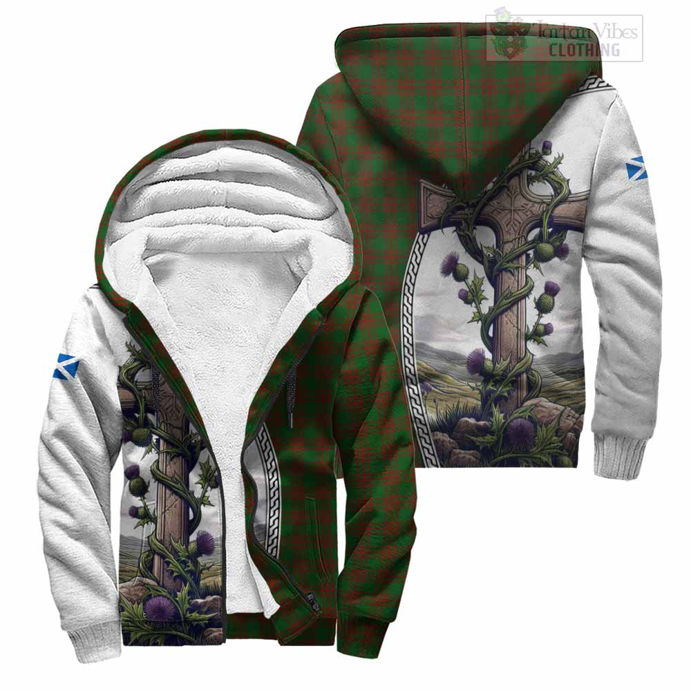 Tartan Vibes Clothing Menzies Tartan Sherpa Hoodie with Family Crest and St. Andrew's Cross Accented by Thistle Vines