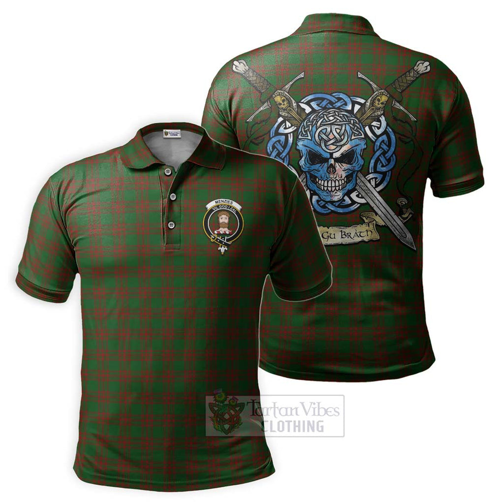 Tartan Vibes Clothing Menzies Tartan Polo Shirt with Family Crest Celtic Skull Style