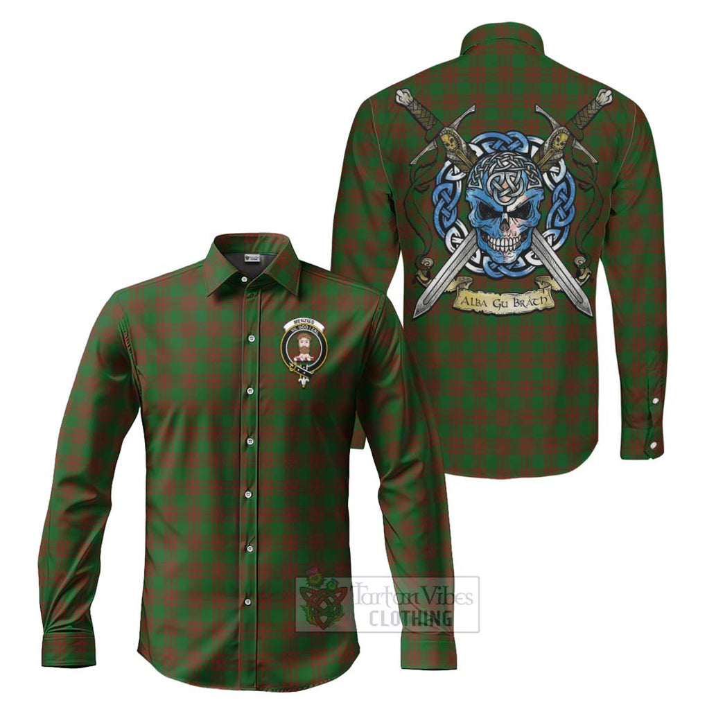 Tartan Vibes Clothing Menzies Tartan Long Sleeve Button Shirt with Family Crest Celtic Skull Style