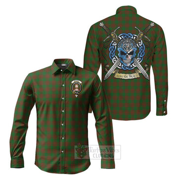 Menzies Tartan Long Sleeve Button Shirt with Family Crest Celtic Skull Style