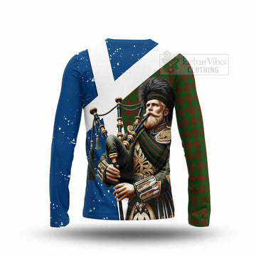 Menzies Tartan Long Sleeve T-Shirt with Family Crest Scottish Bagpiper Vibes