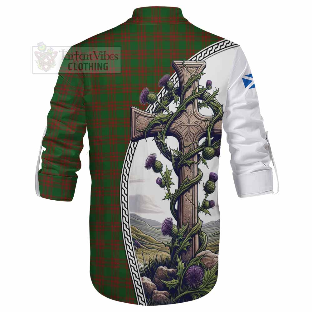 Tartan Vibes Clothing Menzies Tartan Ghillie Kilt Shirt with Family Crest and St. Andrew's Cross Accented by Thistle Vines