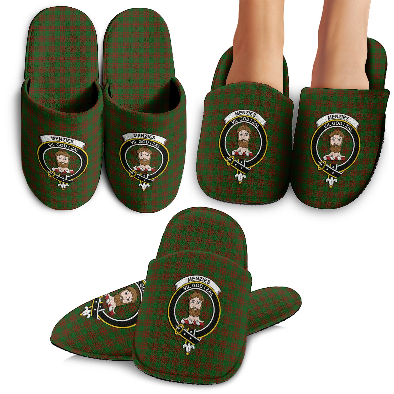 Menzies Tartan Home Slippers with Family Crest - Tartanvibesclothing Shop