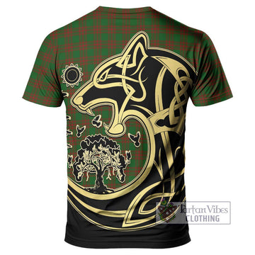 Menzies Tartan T-Shirt with Family Crest Celtic Wolf Style