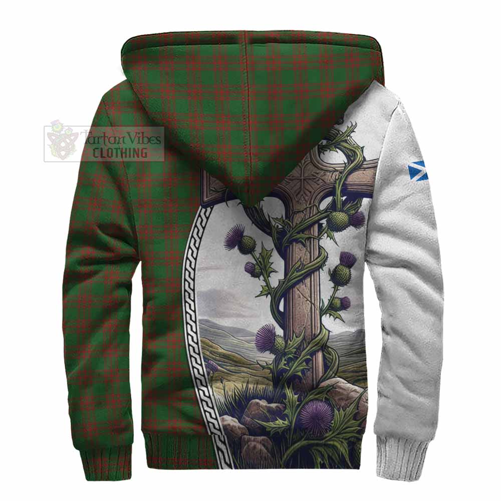 Tartan Vibes Clothing Menzies Tartan Sherpa Hoodie with Family Crest and St. Andrew's Cross Accented by Thistle Vines