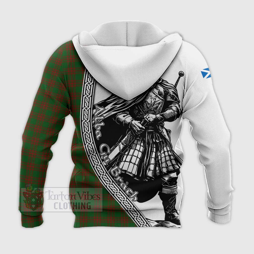 Tartan Vibes Clothing Menzies Tartan Clan Crest Knitted Hoodie with Highlander Warrior Celtic Style