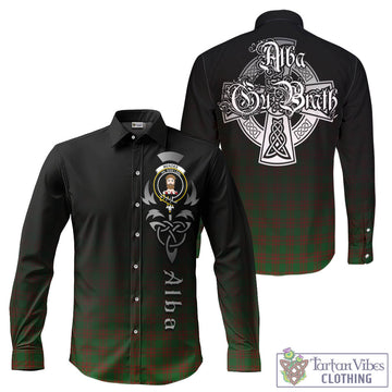 Menzies Tartan Long Sleeve Button Up Featuring Alba Gu Brath Family Crest Celtic Inspired