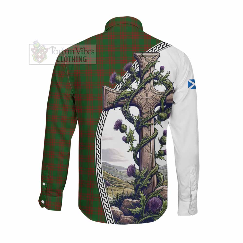 Tartan Vibes Clothing Menzies Tartan Long Sleeve Button Shirt with Family Crest and St. Andrew's Cross Accented by Thistle Vines