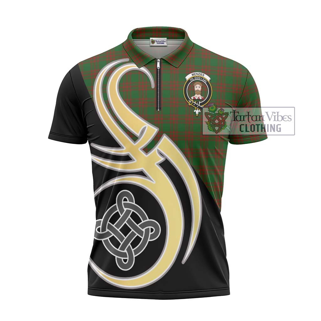 Tartan Vibes Clothing Menzies Tartan Zipper Polo Shirt with Family Crest and Celtic Symbol Style