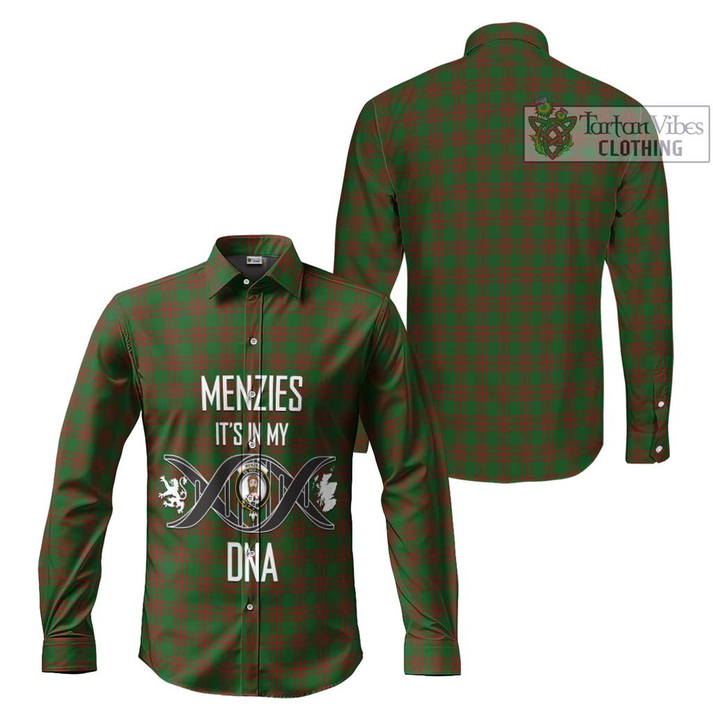 Menzies Tartan Long Sleeve Button Shirt with Family Crest DNA In Me Style Men's Shirt - Tartanvibesclothing Shop