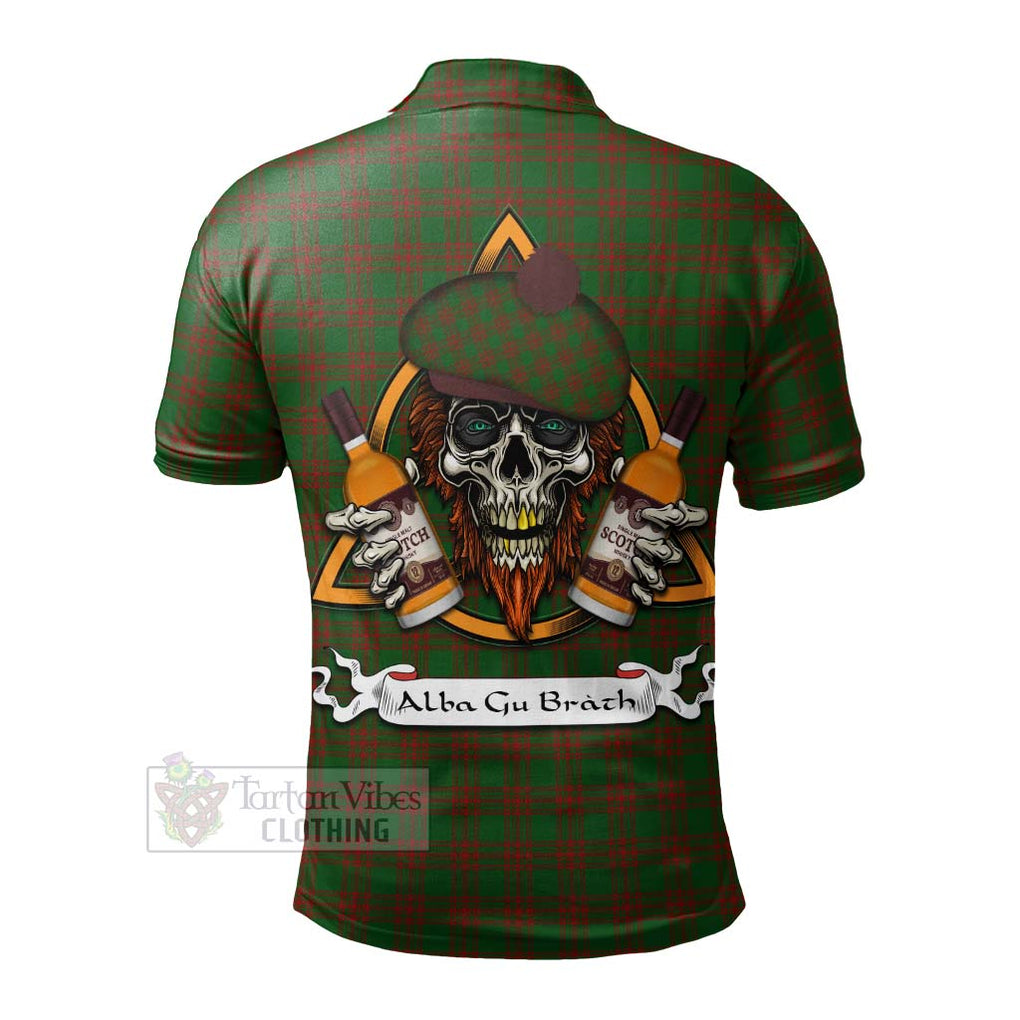 Tartan Vibes Clothing Menzies Tartan Polo Shirt with Family Crest and Bearded Skull Holding Bottles of Whiskey