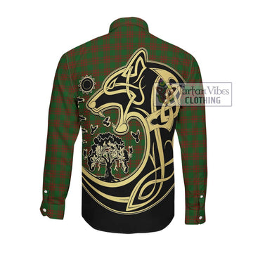 Menzies Tartan Long Sleeve Button Shirt with Family Crest Celtic Wolf Style