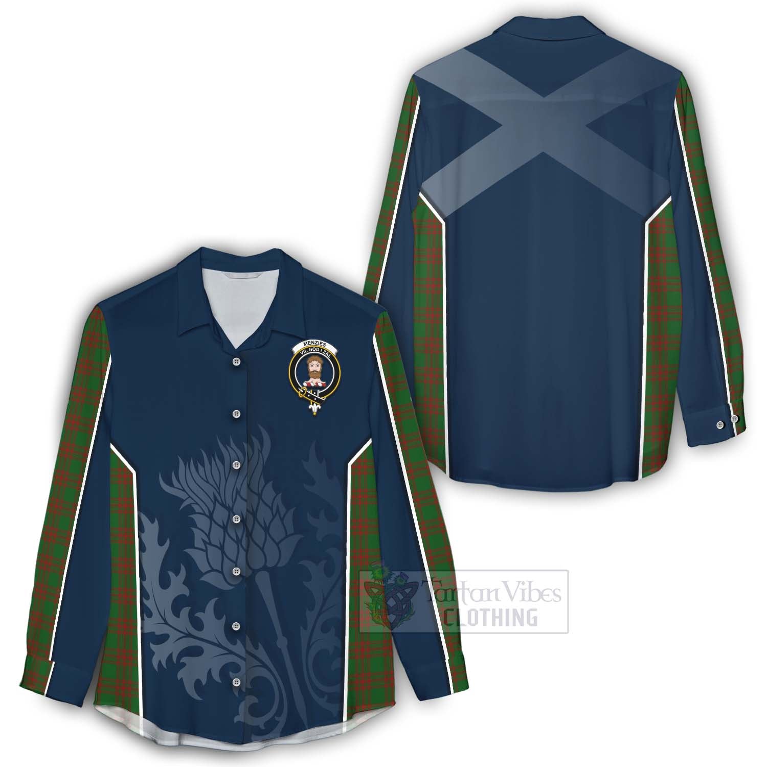 Tartan Vibes Clothing Menzies Tartan Women's Casual Shirt with Family Crest and Scottish Thistle Vibes Sport Style