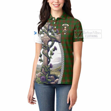 Menzies Tartan Women's Polo Shirt with Family Crest and St. Andrew's Cross Accented by Thistle Vines