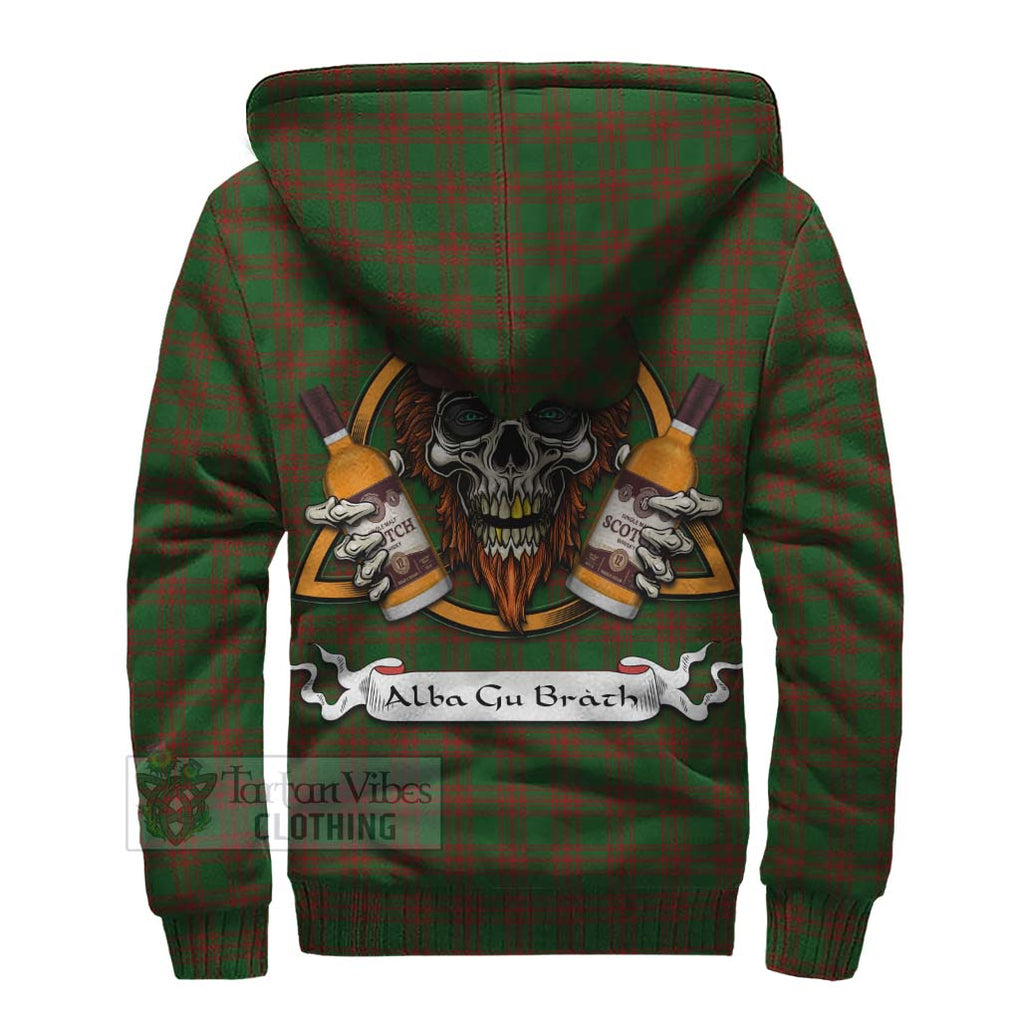 Tartan Vibes Clothing Menzies Tartan Sherpa Hoodie with Family Crest and Bearded Skull Holding Bottles of Whiskey