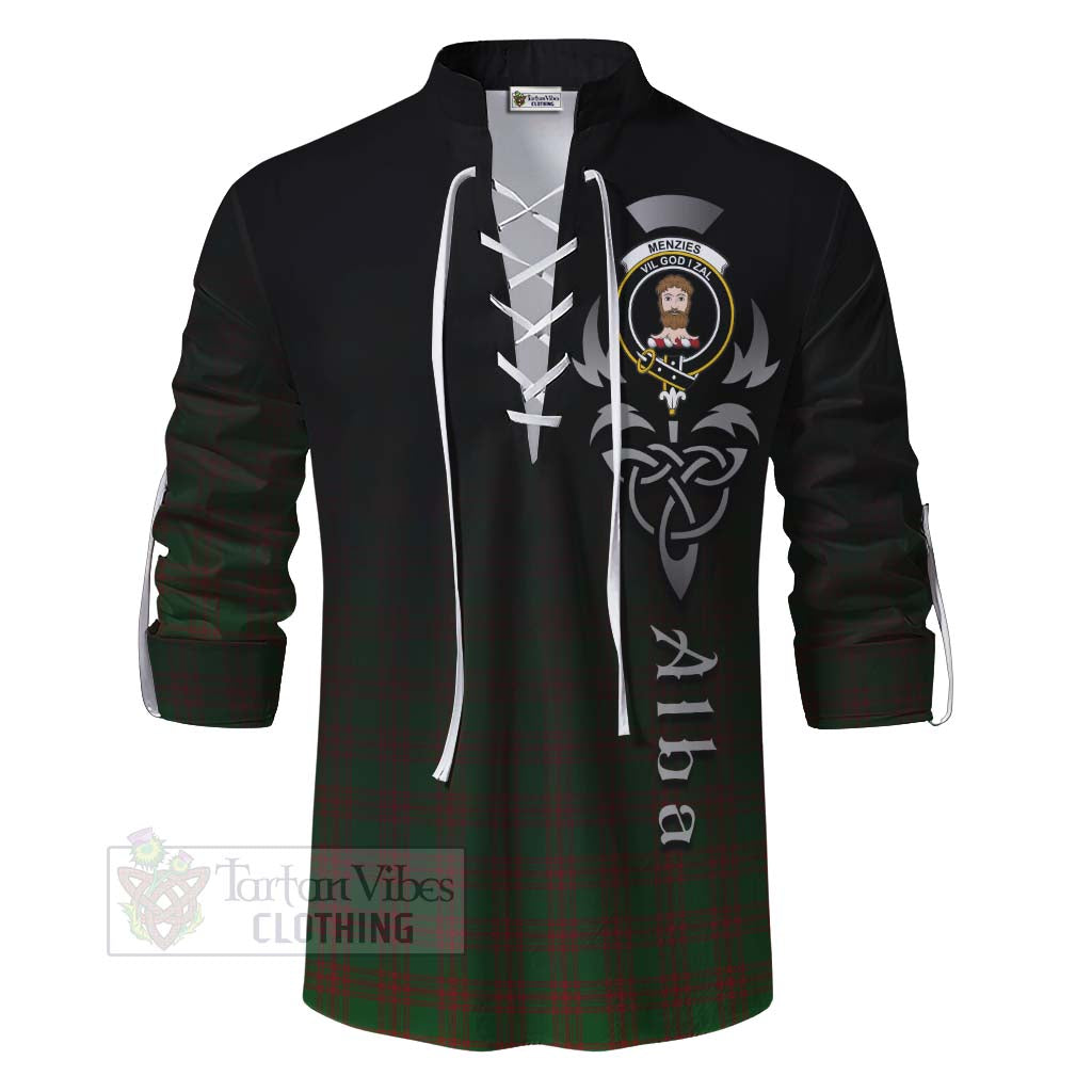 Tartan Vibes Clothing Menzies Tartan Ghillie Kilt Shirt Featuring Alba Gu Brath Family Crest Celtic Inspired