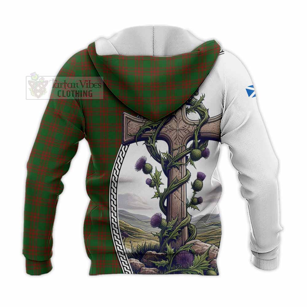 Tartan Vibes Clothing Menzies Tartan Knitted Hoodie with Family Crest and St. Andrew's Cross Accented by Thistle Vines