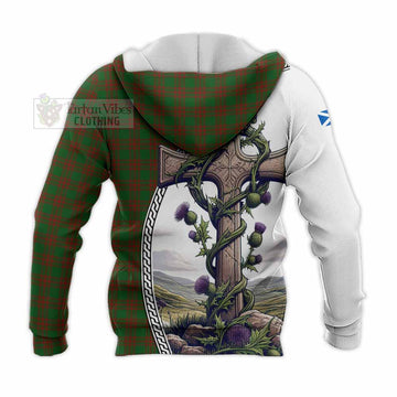 Menzies Tartan Knitted Hoodie with Family Crest and St. Andrew's Cross Accented by Thistle Vines