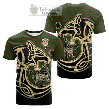 Menzies Tartan Cotton T-shirt with Family Crest Celtic Wolf Style