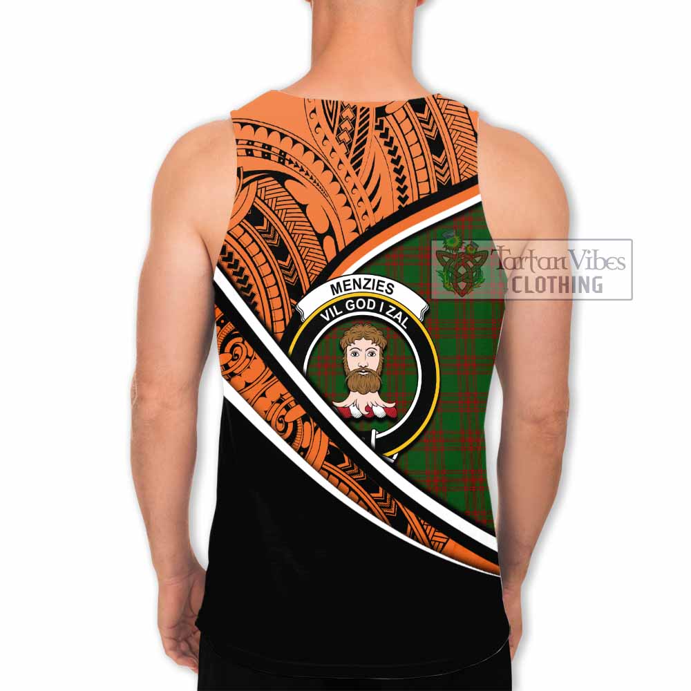 Tartan Vibes Clothing Menzies Crest Tartan Men's Tank Top with Maori Tattoo Style - Orange Version