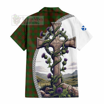 Menzies Tartan Short Sleeve Button Shirt with Family Crest and St. Andrew's Cross Accented by Thistle Vines