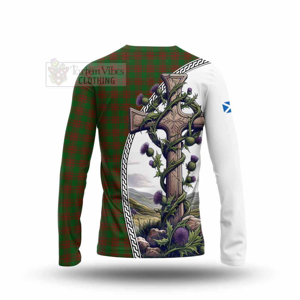 Tartan Vibes Clothing Menzies Tartan Long Sleeve T-Shirt with Family Crest and St. Andrew's Cross Accented by Thistle Vines