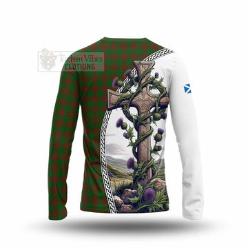 Menzies Tartan Long Sleeve T-Shirt with Family Crest and St. Andrew's Cross Accented by Thistle Vines