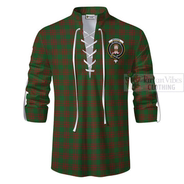 Menzies Tartan Ghillie Kilt Shirt with Family Crest and Bearded Skull Holding Bottles of Whiskey