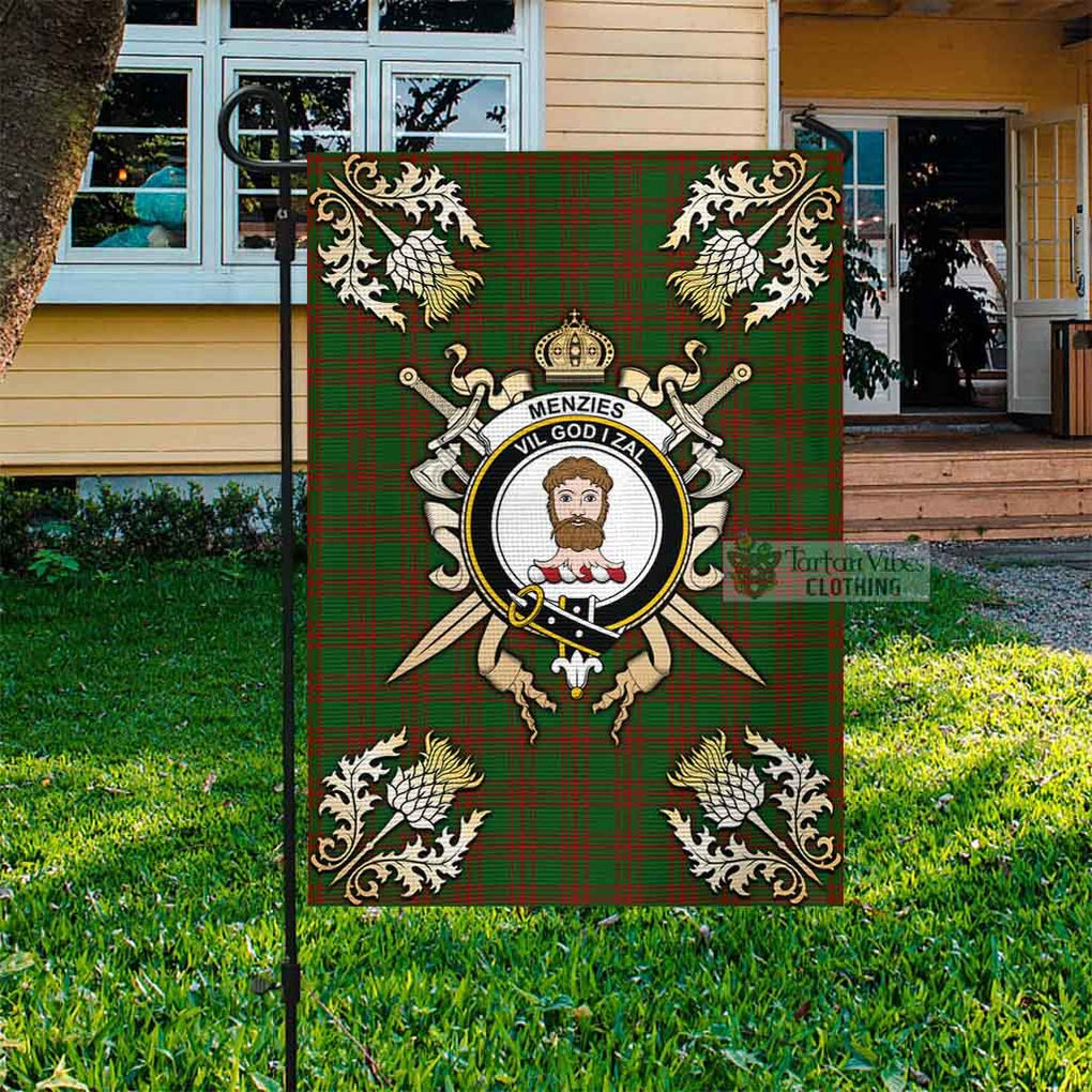 Tartan Vibes Clothing Menzies Tartan Flag with Family Crest and Golden Thistle Crossed Sword Design