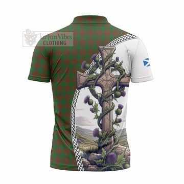 Menzies Tartan Zipper Polo Shirt with Family Crest and St. Andrew's Cross Accented by Thistle Vines