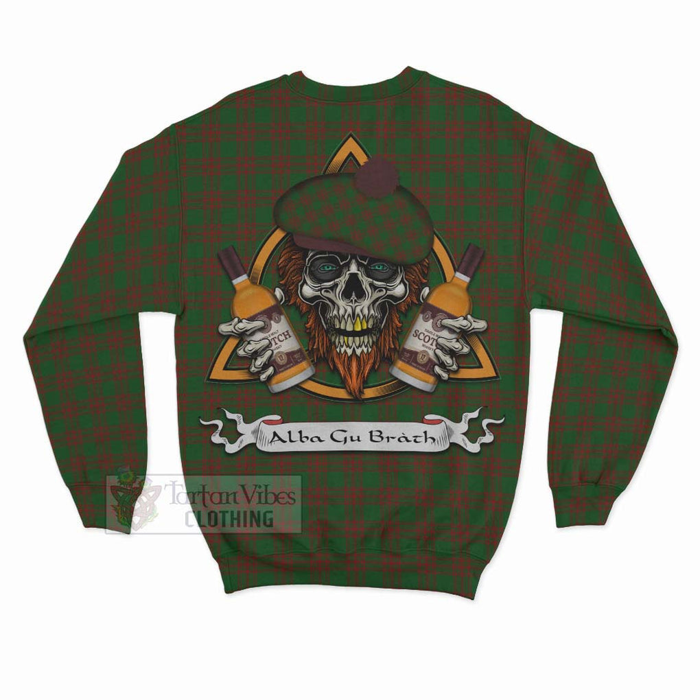 Tartan Vibes Clothing Menzies Tartan Sweatshirt with Family Crest and Bearded Skull Holding Bottles of Whiskey