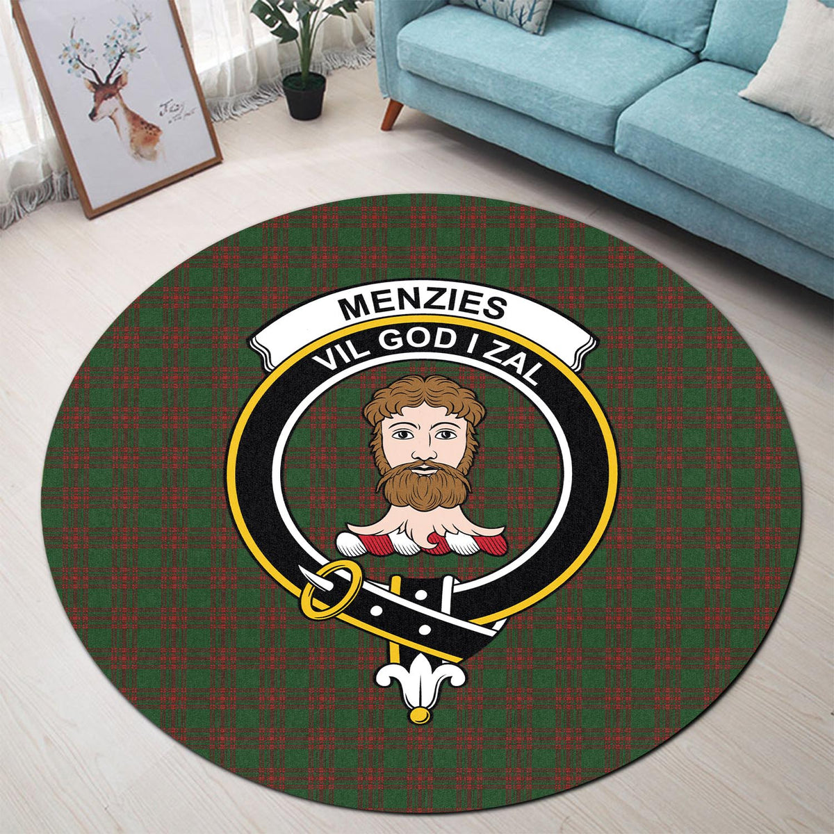 Menzies Tartan Round Rug with Family Crest - Tartan Vibes Clothing