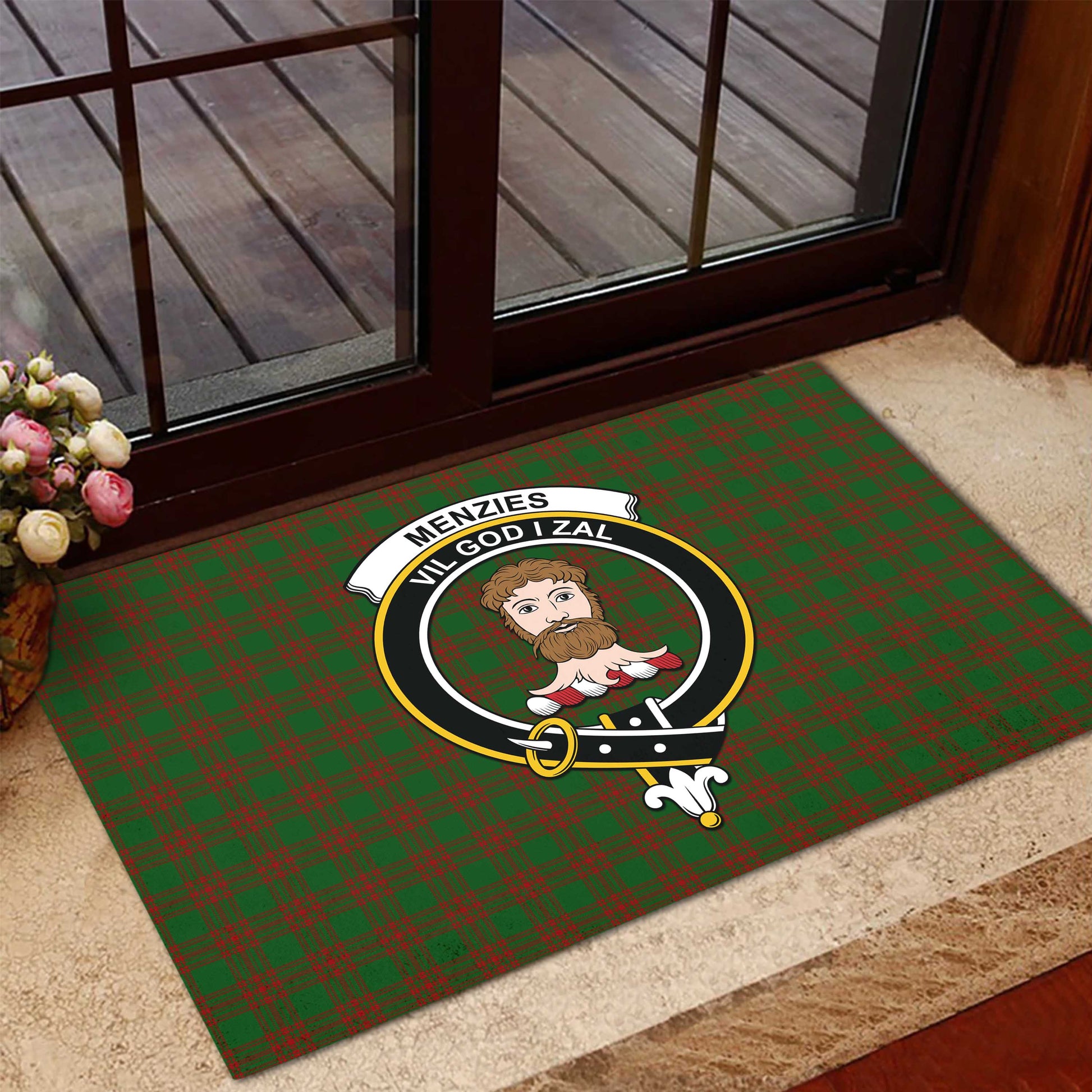 Menzies Tartan Door Mat with Family Crest - Tartanvibesclothing