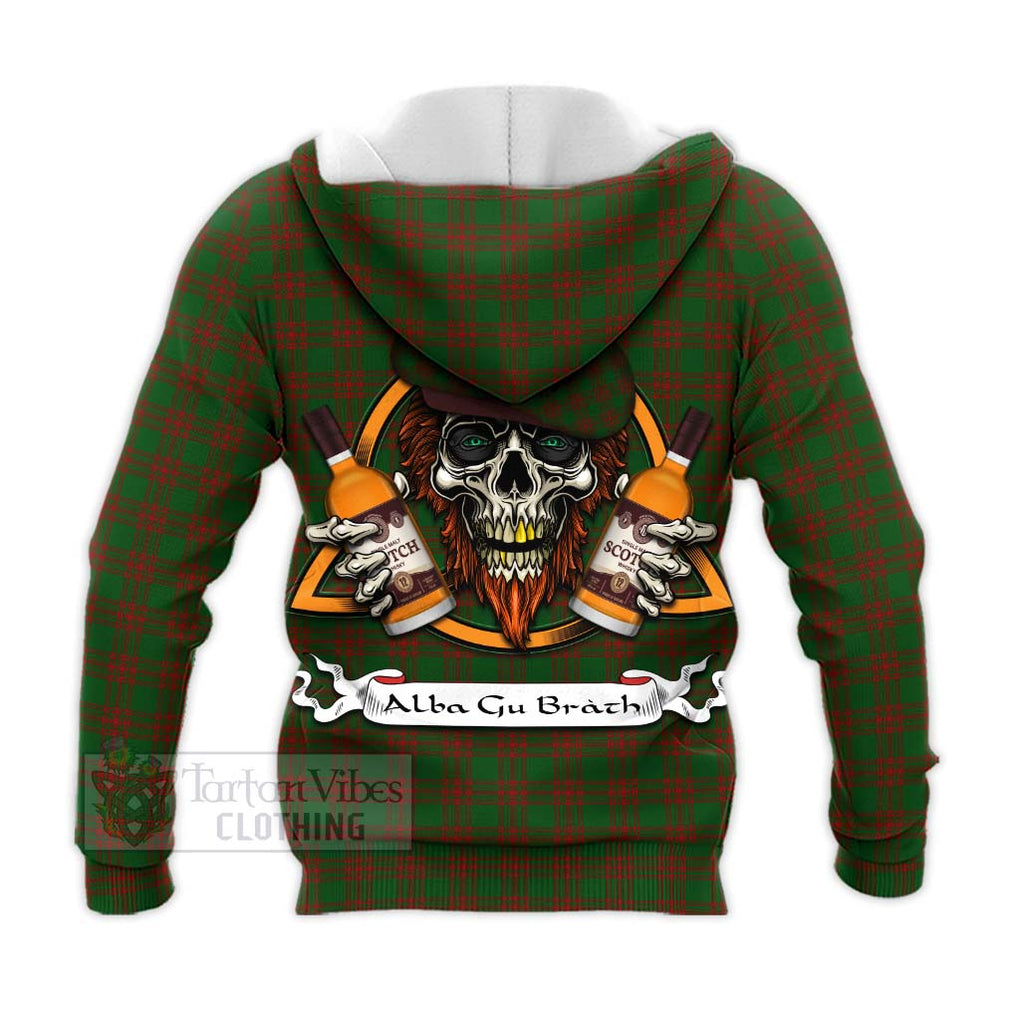 Tartan Vibes Clothing Menzies Tartan Knitted Hoodie with Family Crest and Bearded Skull Holding Bottles of Whiskey