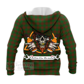 Menzies Tartan Knitted Hoodie with Family Crest and Bearded Skull Holding Bottles of Whiskey