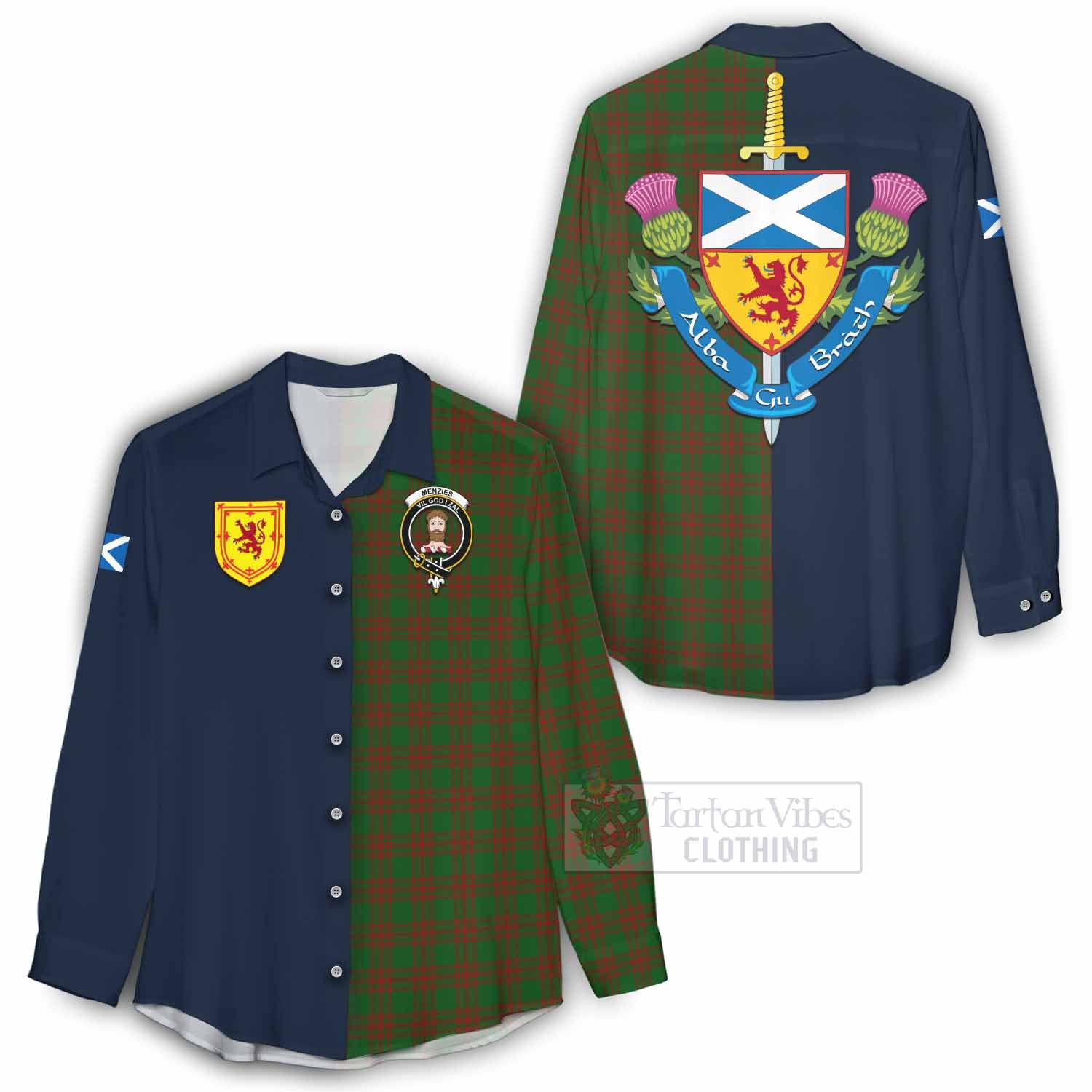 Tartan Vibes Clothing Menzies Tartan Women's Casual Shirt Alba with Scottish Lion Royal Arm Half Style