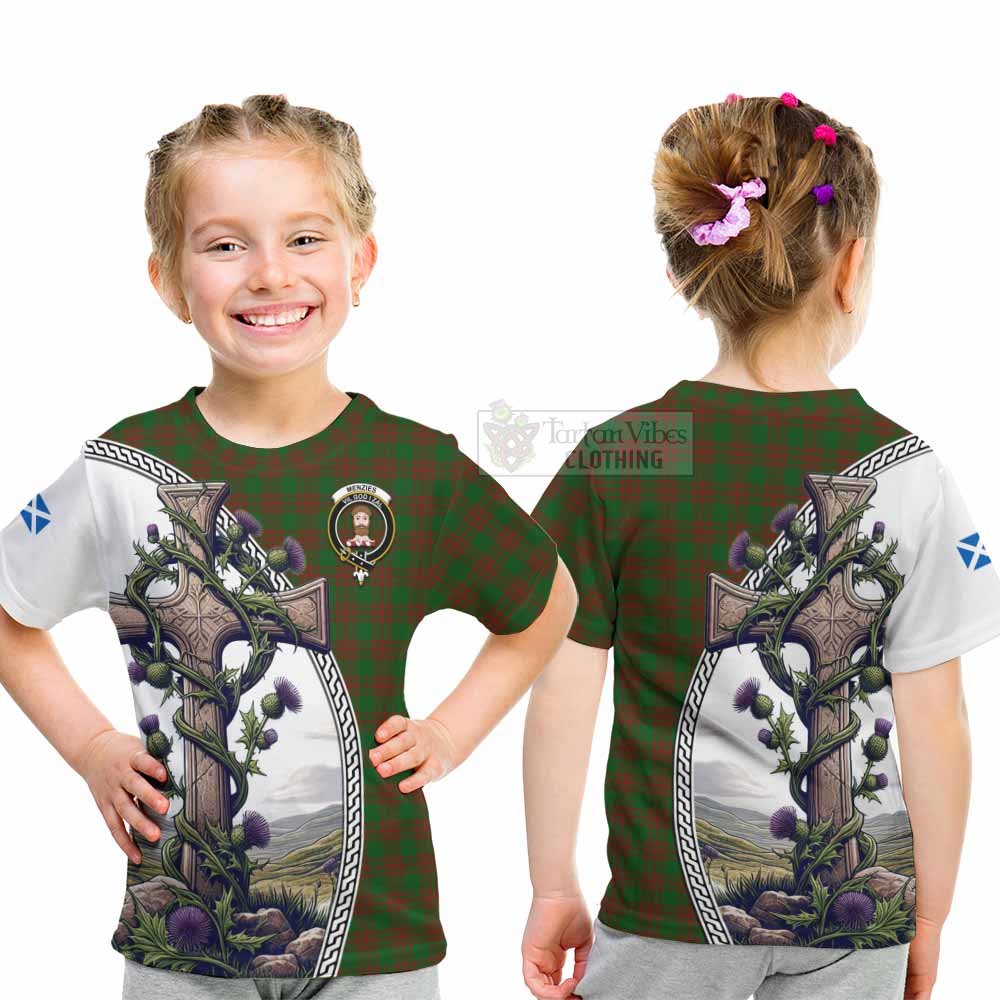 Tartan Vibes Clothing Menzies Tartan Kid T-Shirt with Family Crest and St. Andrew's Cross Accented by Thistle Vines