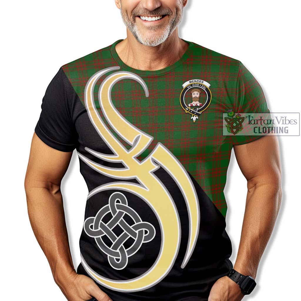 Tartan Vibes Clothing Menzies Tartan T-Shirt with Family Crest and Celtic Symbol Style