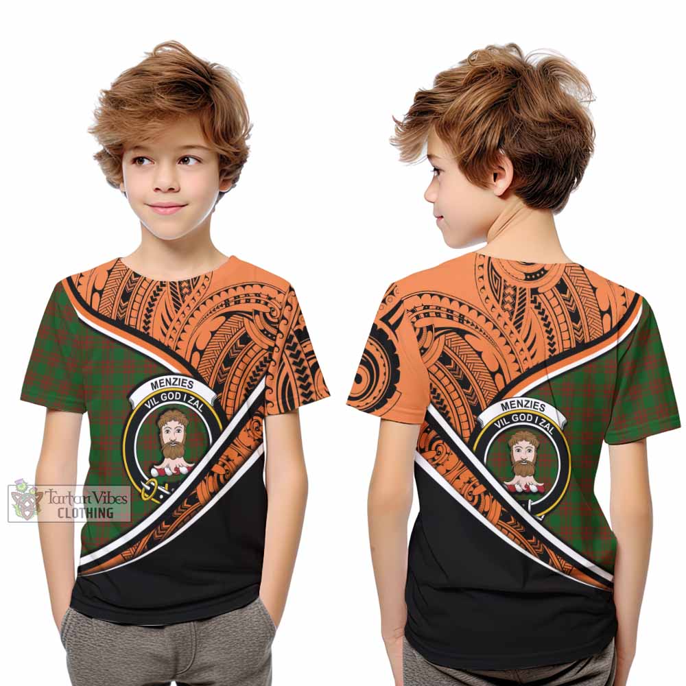 Tartan Vibes Clothing Menzies Crest Tartan Kid T-Shirt with Maori Tattoo Style - Orange Version