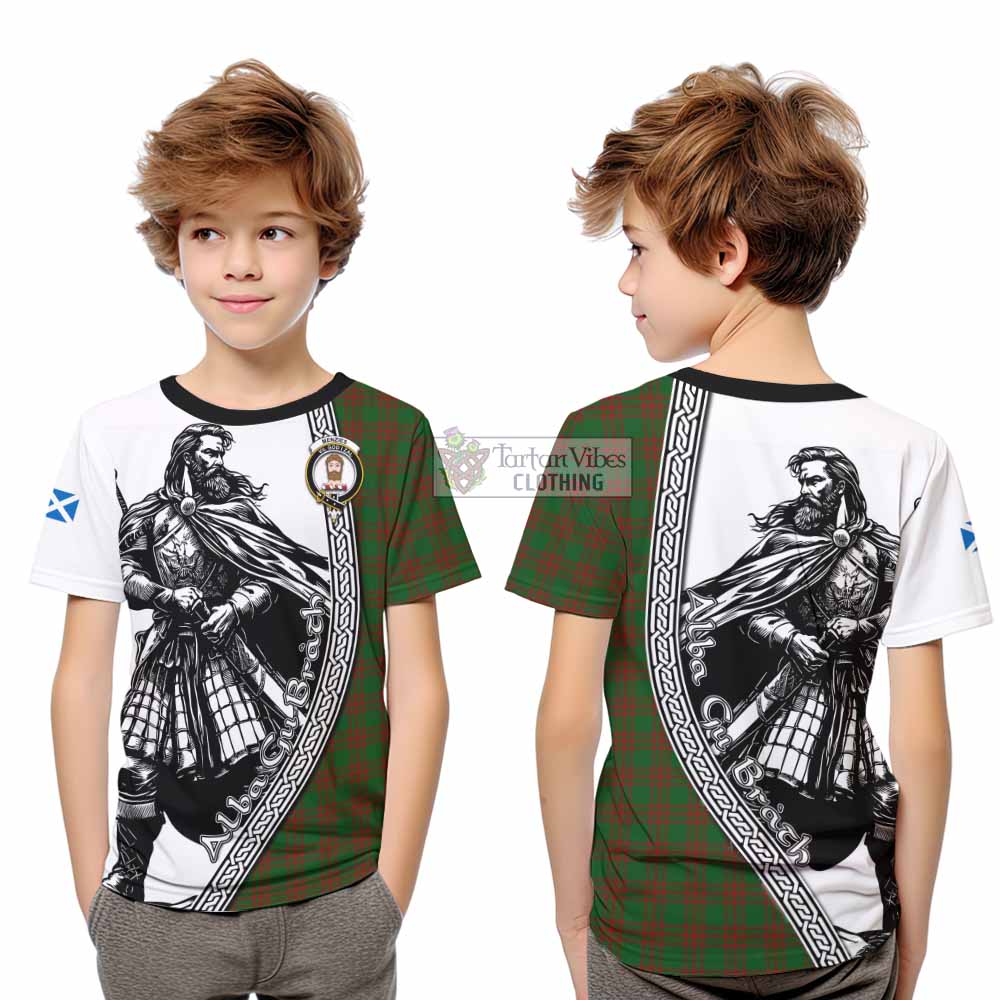 Menzies Tartan Clan Crest Kid T-Shirt with Highlander Warrior Celtic Style