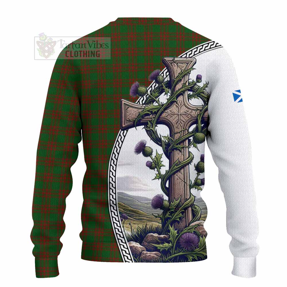 Tartan Vibes Clothing Menzies Tartan Knitted Sweater with Family Crest and St. Andrew's Cross Accented by Thistle Vines