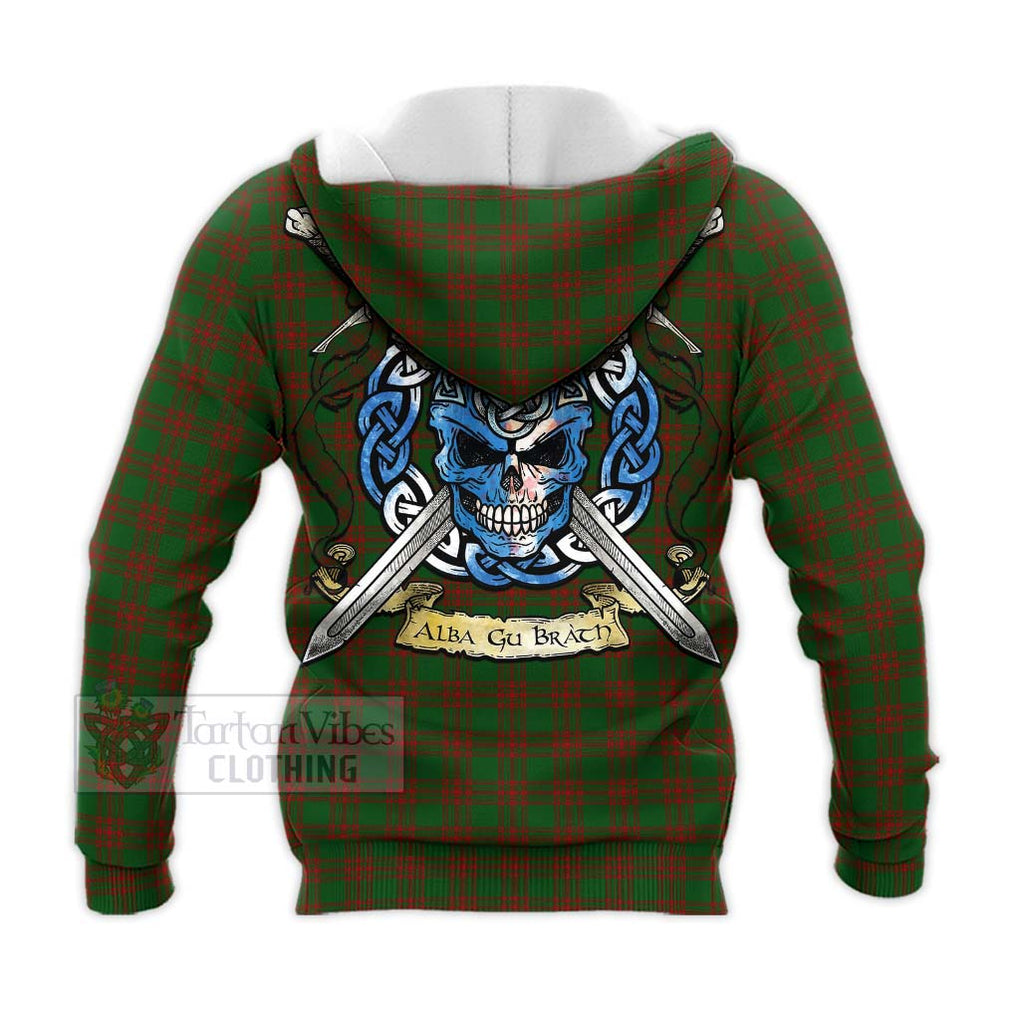 Tartan Vibes Clothing Menzies Tartan Knitted Hoodie with Family Crest Celtic Skull Style