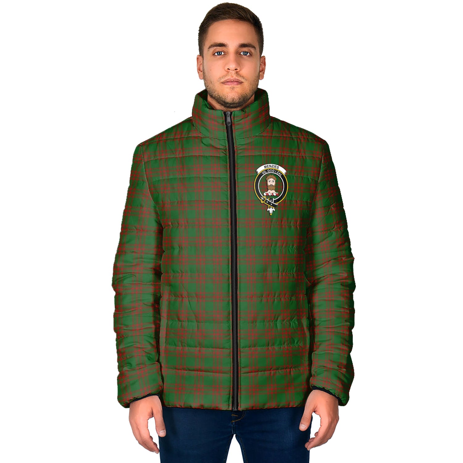 Menzies Tartan Padded Jacket with Family Crest - Tartan Vibes Clothing